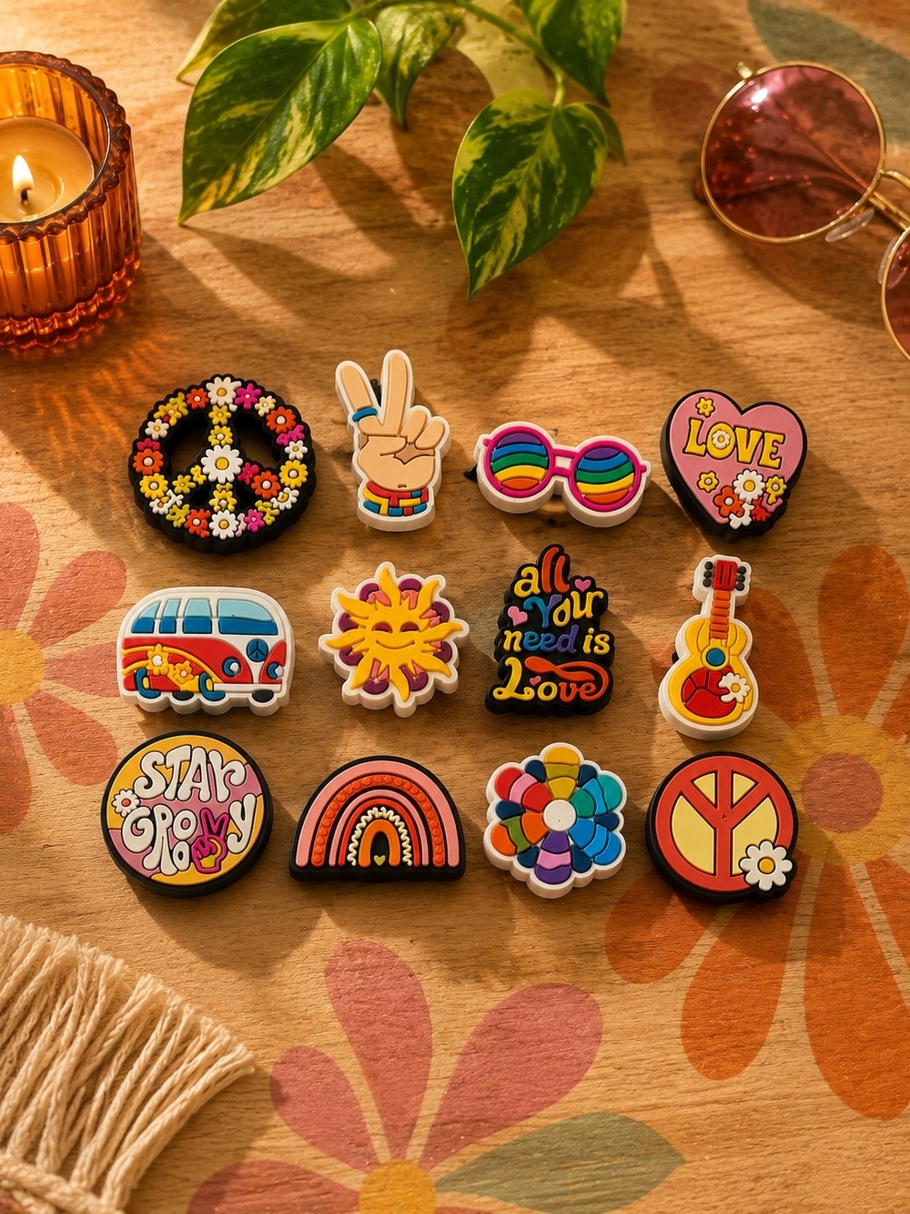 12pc Groovy Hippie Shoe Charms Peace Love Rainbow 70s Clog Accessories